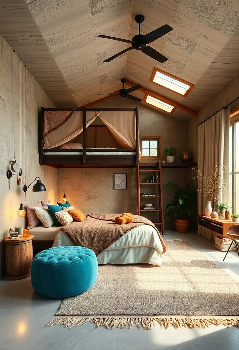 Nature-Themed Lofted Beds Adorned With Decorative Canopies and Natural Fiber Rugs to Evoke Tranquility