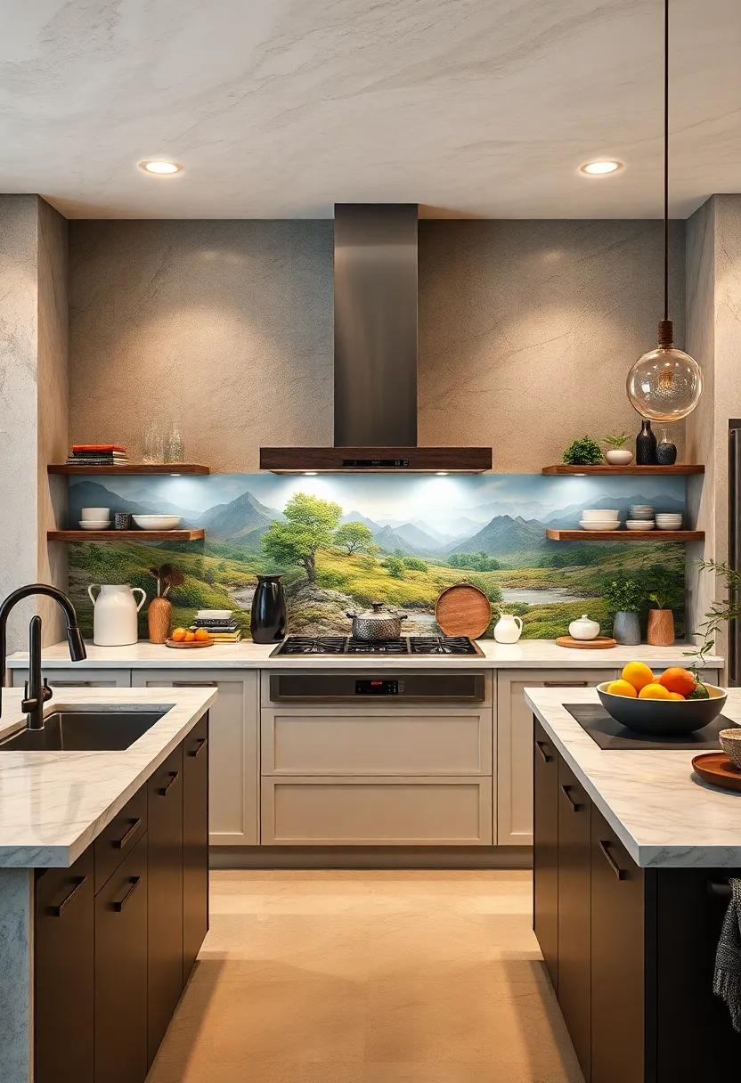 Handcrafted Ceramic Tile Murals Depicting Natural Scenes Become an Artful Centerpiece Behind Kitchen Cooking Zones