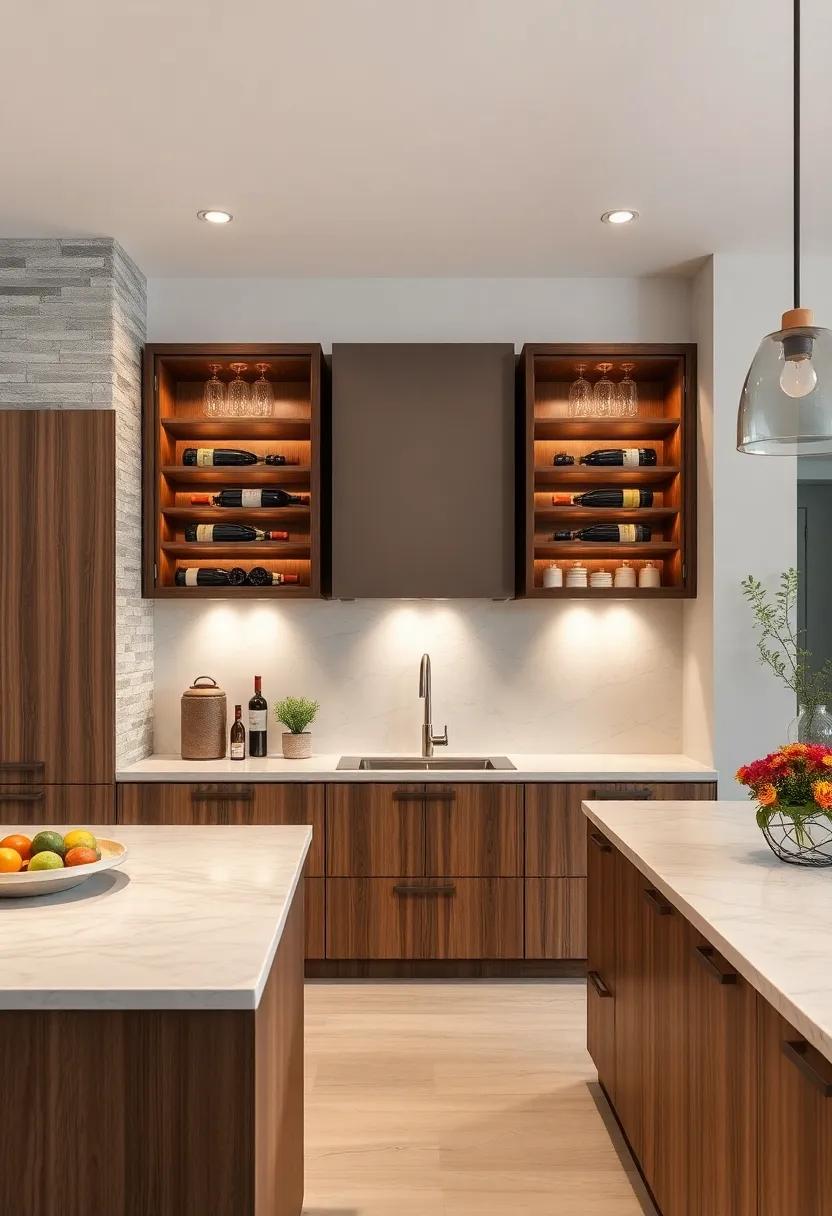 Custom Built-In Wine Storage Crafted with Warm Walnut and Ambient Inside Lighting for Sophisticated Charm