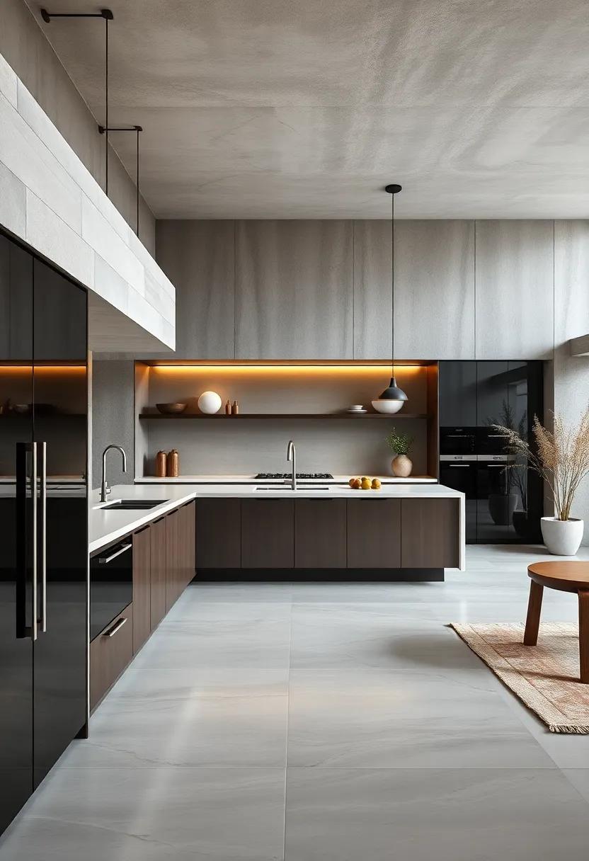 Floating Kitchen Consoles Suspended Above Polished Concrete Floors Offering Airy and Clean Modern Vibes