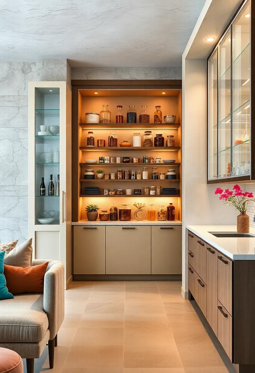 Open Concept Pantry with Glass Doors Showcasing Curated Gourmet Ingredients and Designer Containers