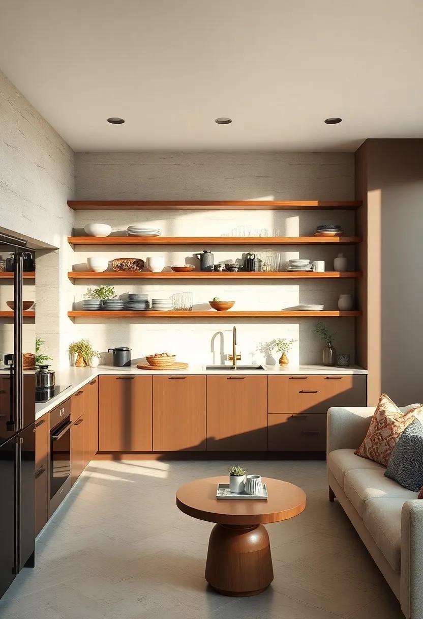 Sun-Kissed Open Shelving Displaying Artisan Ceramics and Minimalist Glassware in a Sleek Kitchen Space
