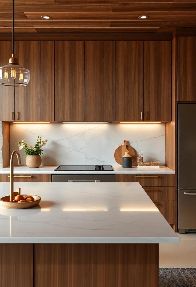 Textured Wood Cabinets with Matte Finishes Paired with Polished Quartz Countertops for Timeless Elegance