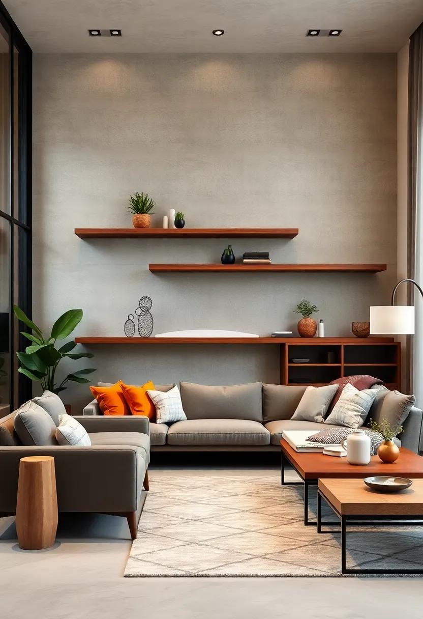 Elevate Your Living Room Ambiance With Sleek Minimalist Floating Shelves in Warm Wood Finishes