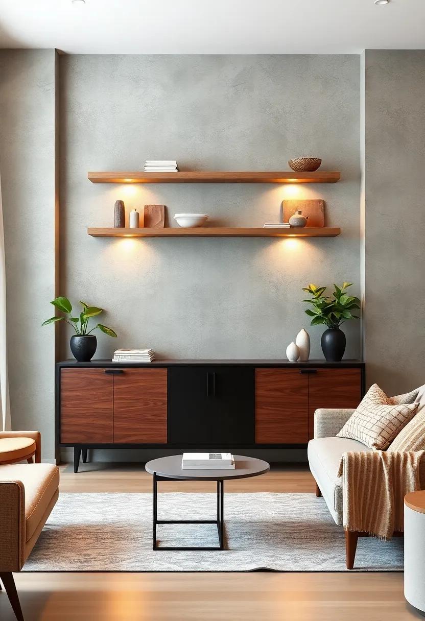 Floating Shelves Above a Mid-Century Modern Console Table With Retro Lighting Accents