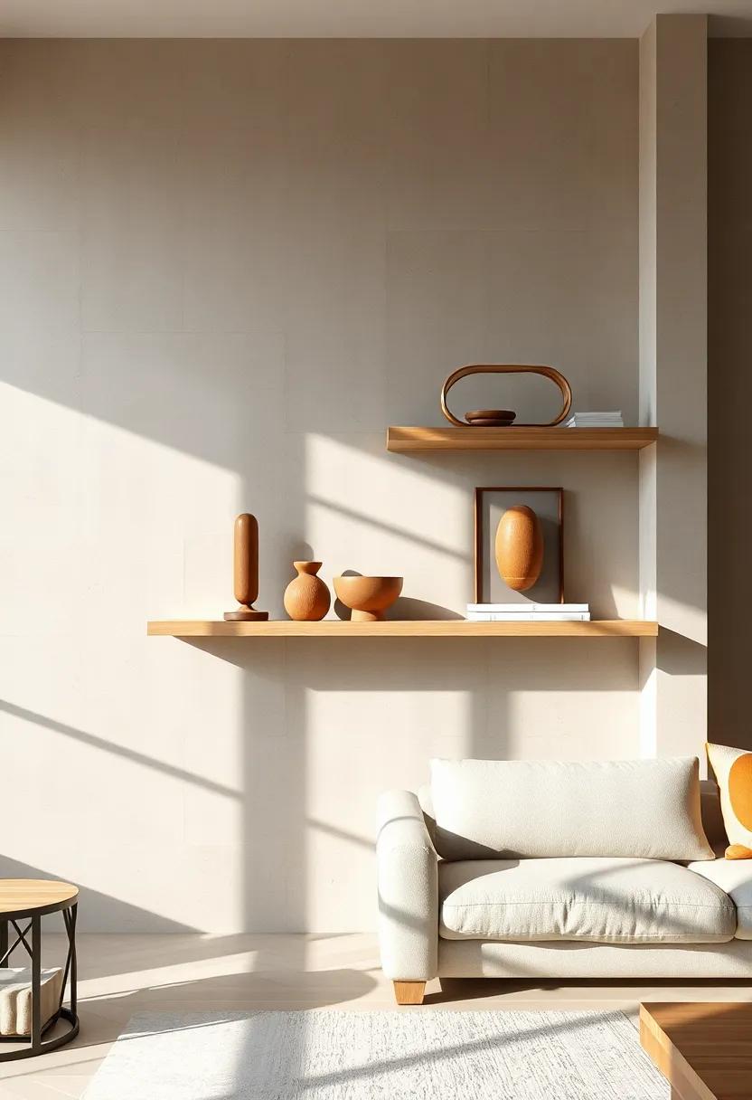 Natural Light Casting Soft Shadows Over Floating Shelves Displaying Sculptural Home Decor