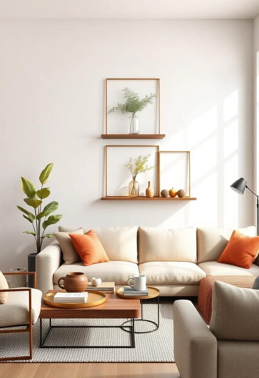 Metallic Floating Shelf Frames Supporting Simple Botanical Elements in a Chic Living Room Setup
