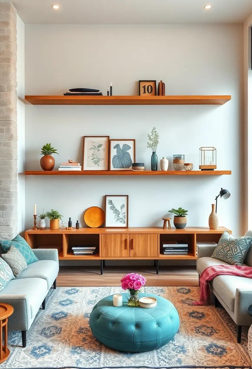 Layered Floating Shelves Displaying a Mix of Vintage Finds and Contemporary Decor for Eclectic Flair