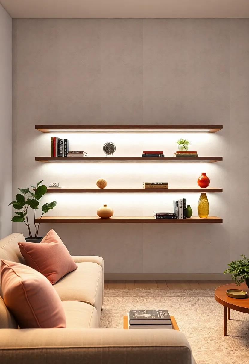 Floating Shelves Illuminated by Subtle LED Lighting That Highlights Decorative Details and Books