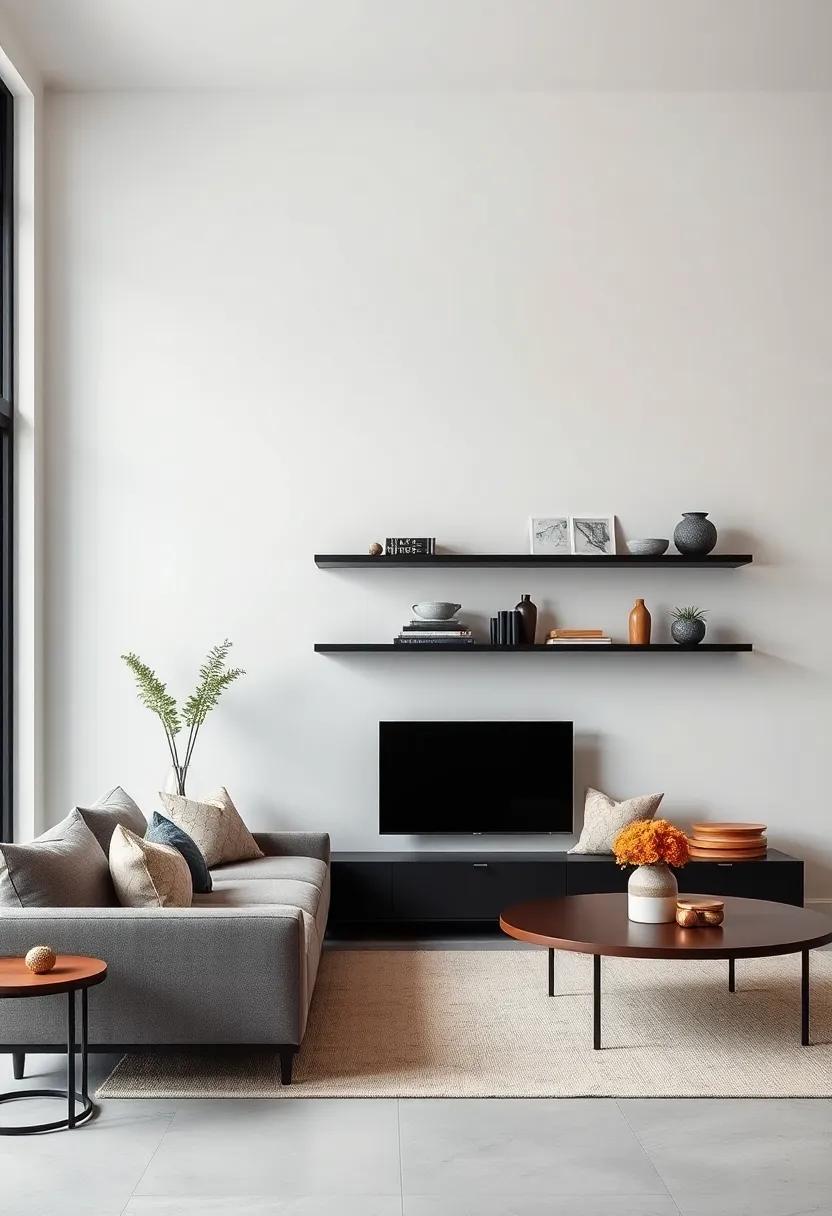 Floating Shelves In Matte Black Contrasting With White Walls for a Dramatic Yet Understated Look