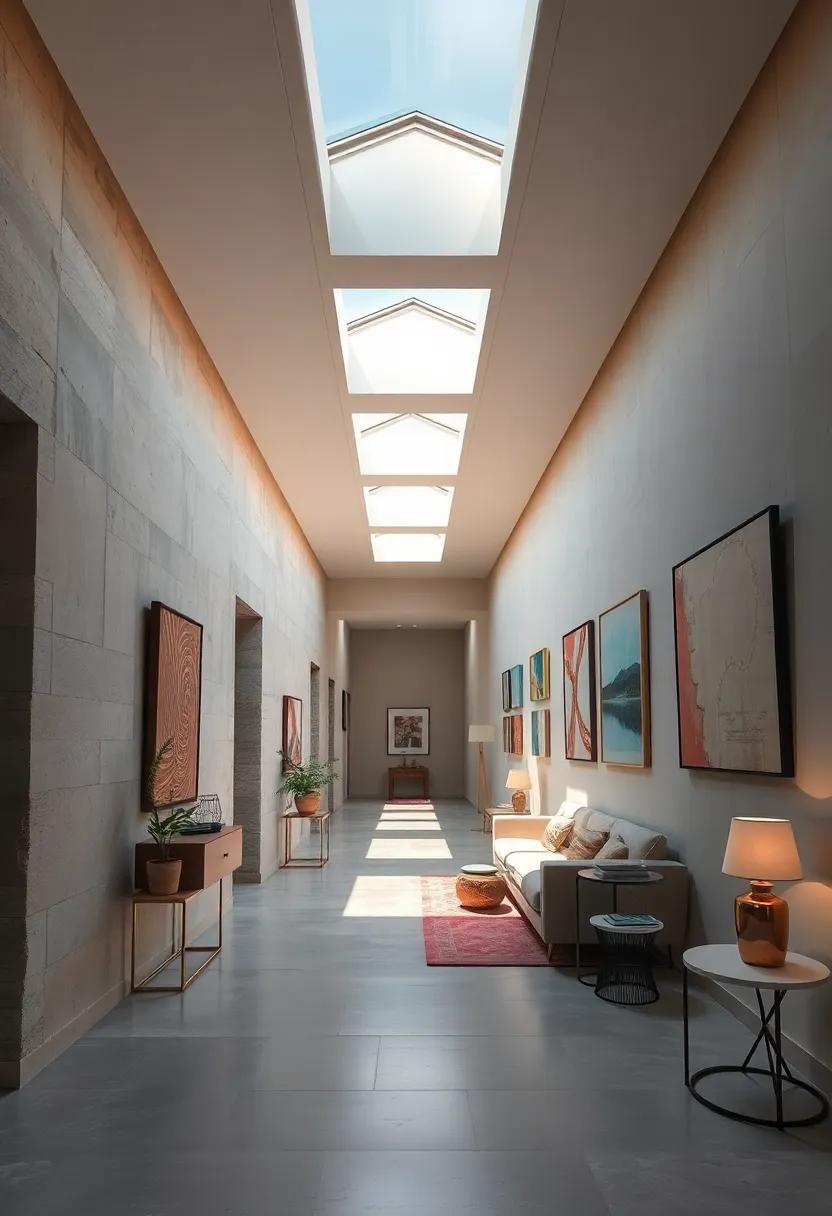 A Long Corridor Bathed In Gentle Skylight Illumination, Featuring Modern Art Installations Along The Walls
