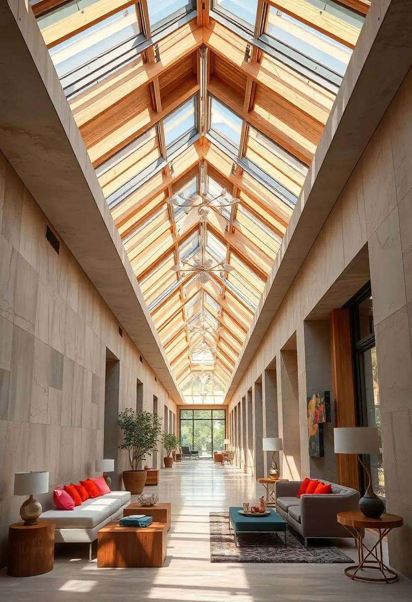 The Play Of Light And Shadow Created By Slatted Skylights In A Corridor With Natural Wood And Stone Elements