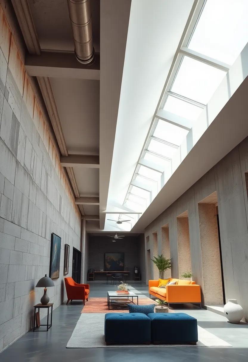 Skylights Bringing Crisp, White Light Into An Industrial Style Corridor With Exposed Pipes And Concrete Walls