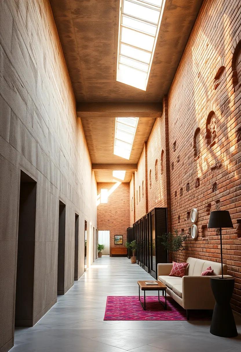 Warm Rays From Skylights Highlighting The Textured Surface Of Exposed Brick Walls Along A Long, Inviting Passage