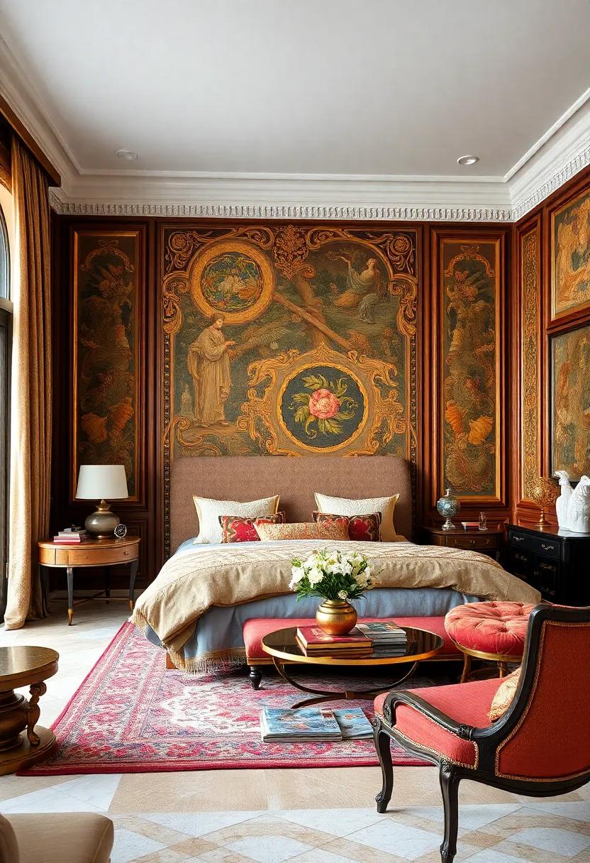 Intricate Layering of Victorian Tapestries with Gold Highlights Complementing Rich Wooden Paneling and Furniture