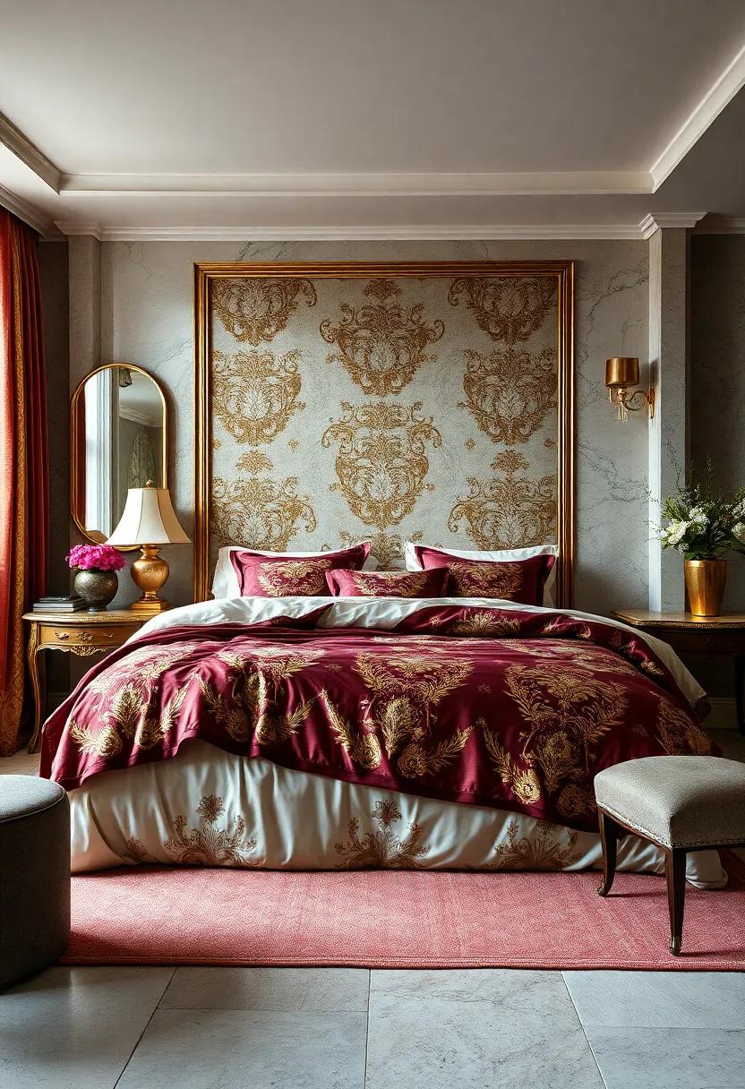 Lavishly Patterned Silk and Velvet Bedding Combining Layers of Color and Gold Embroidery for Victorian Majesty