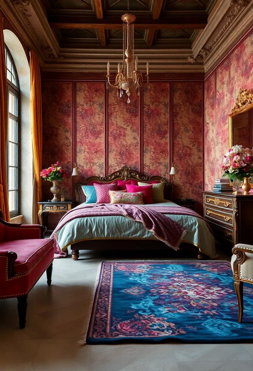 Plush Pile Rugs in Warm Jewel Tones Highlighted with Threaded Gold Embellishments Under Victorian Mahogany Furniture