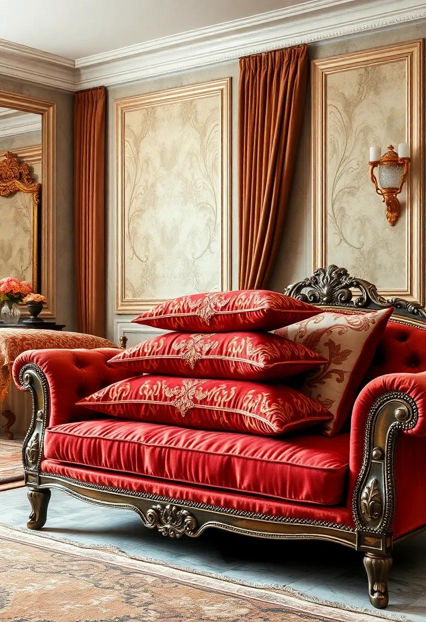 Stacked Velvet Cushions with Intricate Gold Thread Detailing Arranged Artfully on a Grand Victorian Sofa