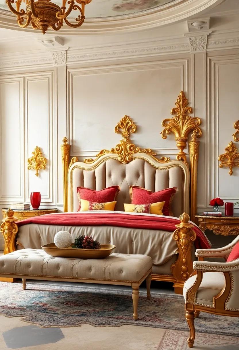 Heavily Carved Gold Leaf Bedposts with Intricate Fleur-de-Lis and Acanthus Leaf Motifs in a Regal Setting