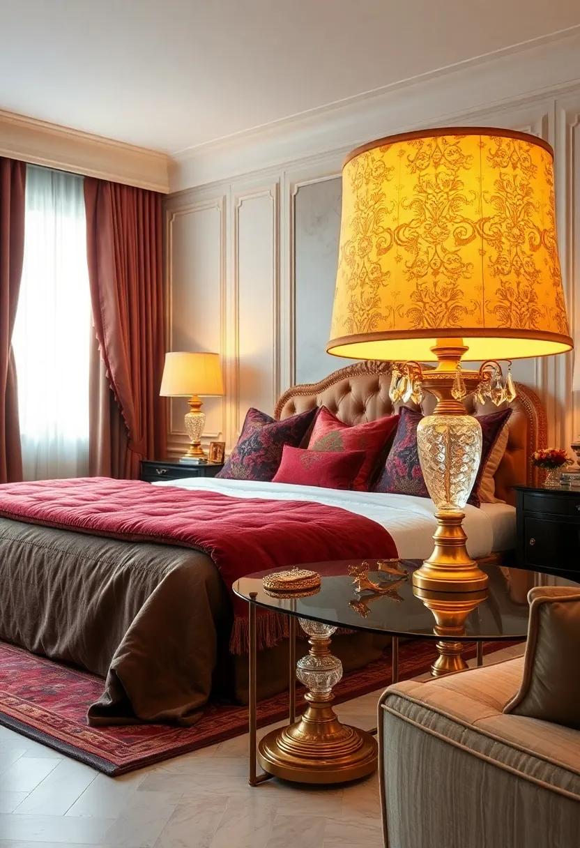 Glowing Victorian Table Lamps with Crystal Bases and Embroidered Silk Shades Emitting a Warm Golden Hue