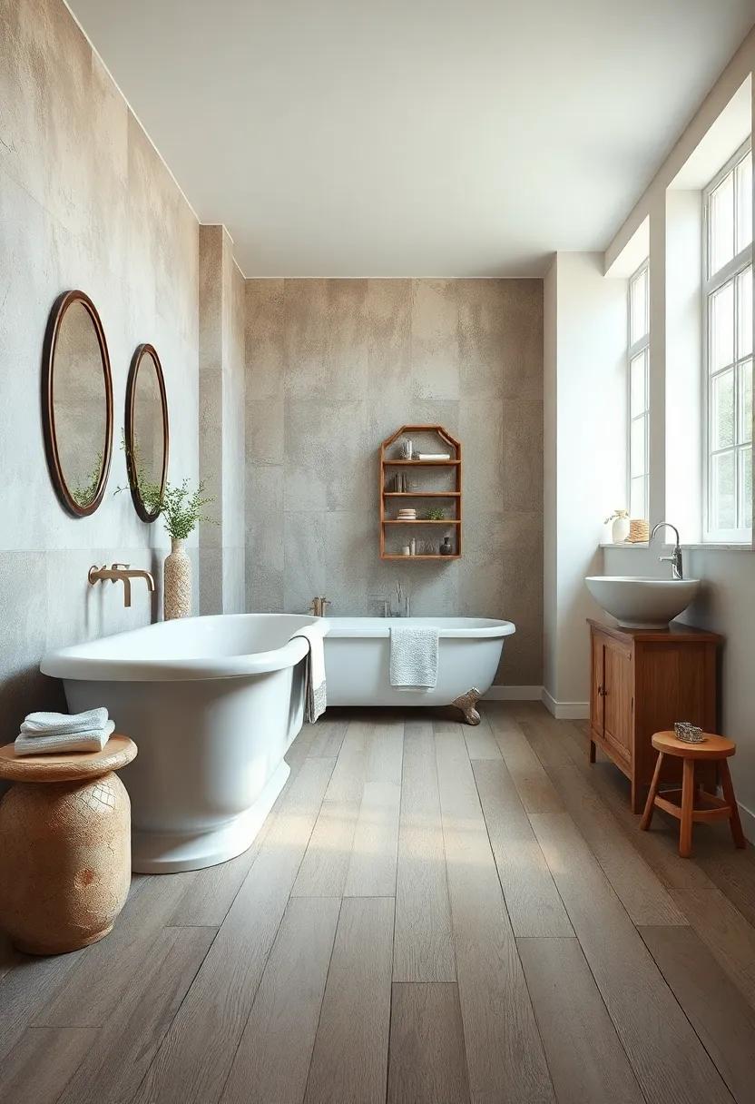 Worn Wooden Floorboards in Muted Tones Elevating the Timeless Ambiance of Vintage Bathrooms