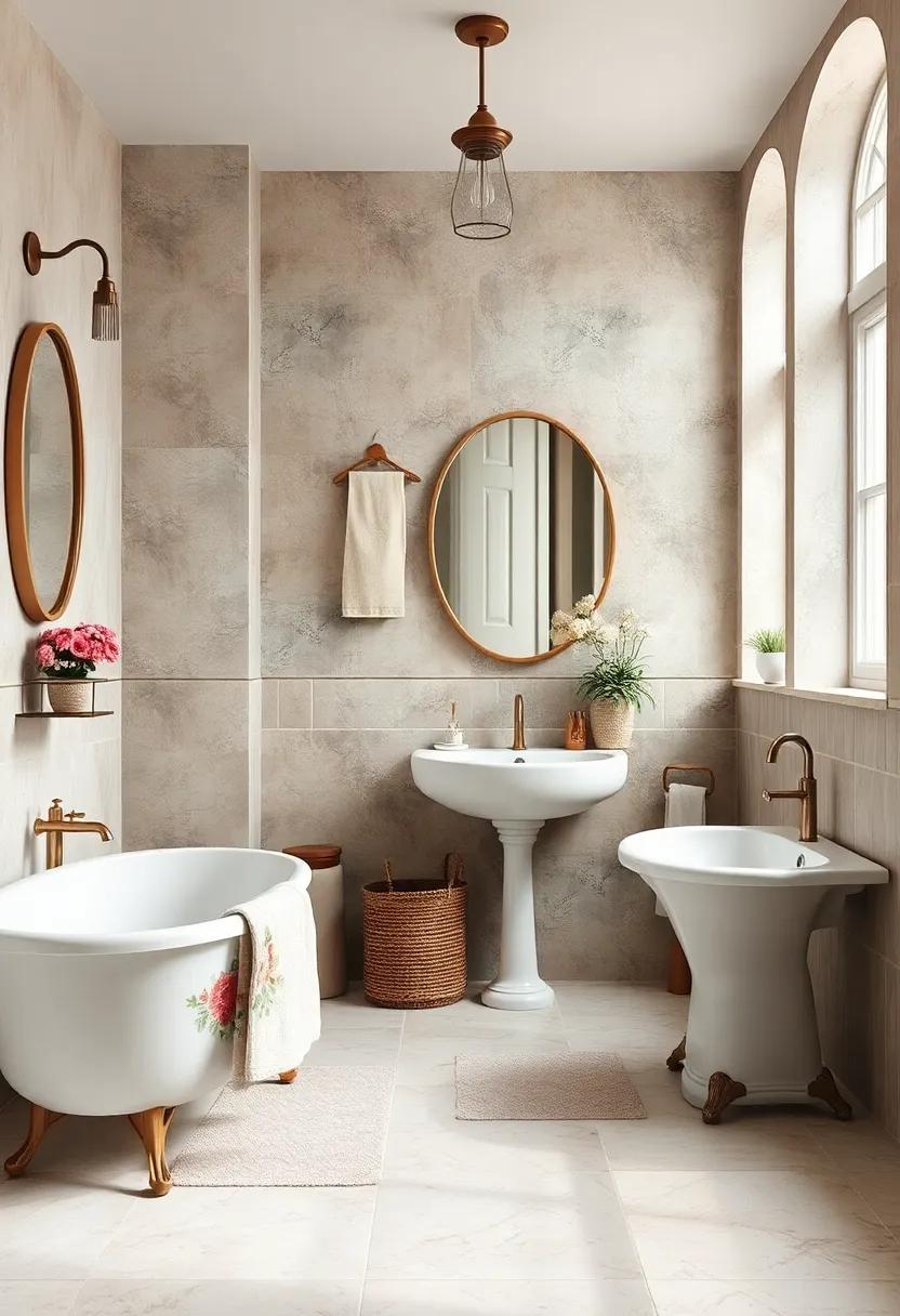 Delicate Lace Curtains Draped Over Clawfoot Bathtubs Creating Romantic Bathroom Vignettes