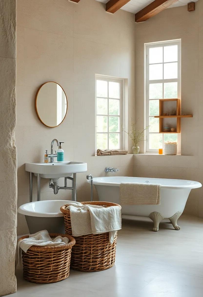Vintage Wicker Baskets Nestled Beside Bathtubs Offering Functional Elegance and Nostalgia