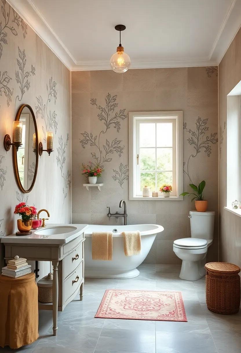 Intricate Wall Decals Inspired by Victorian Motifs Adding Quiet Drama to Vintage Bathrooms