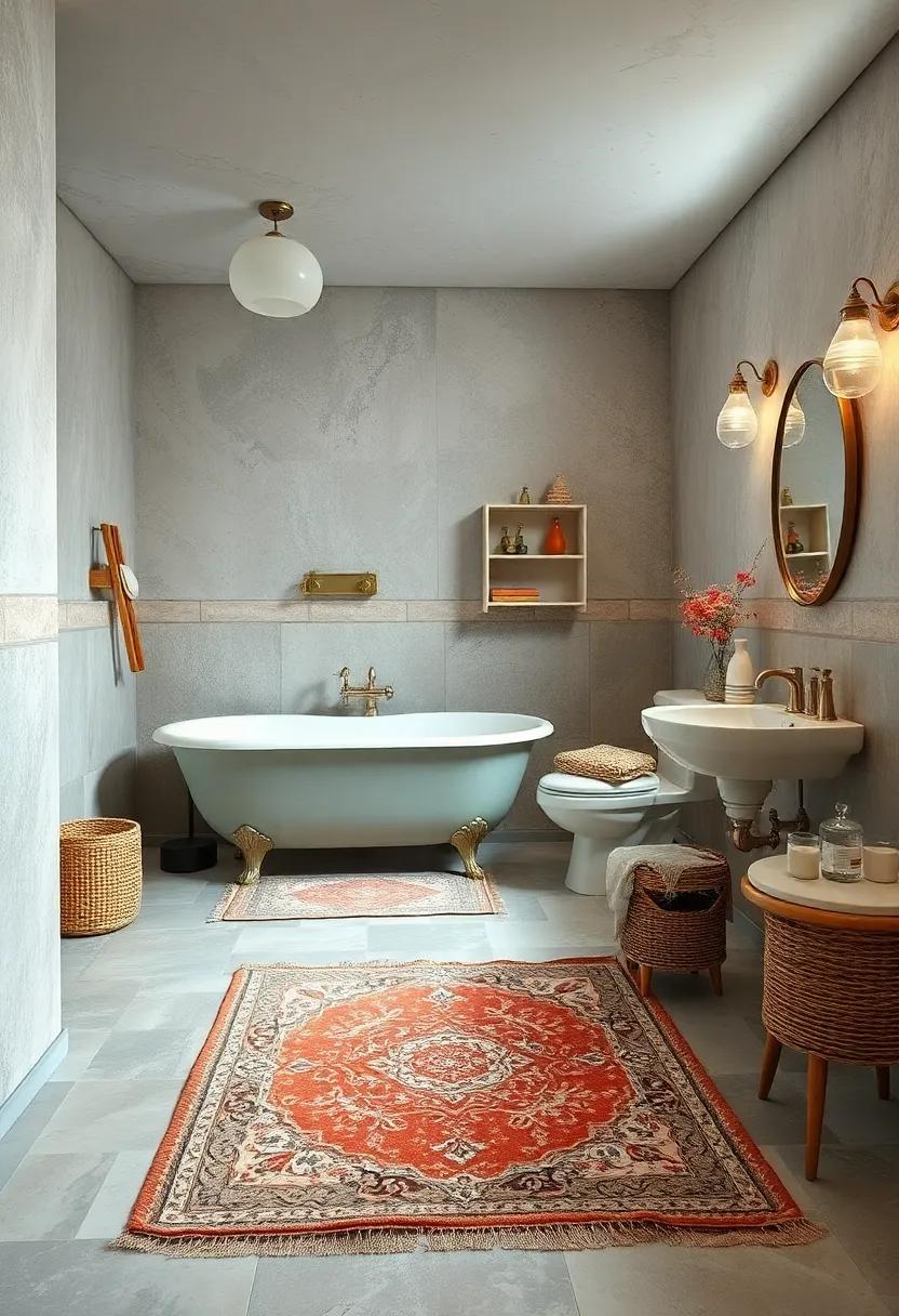 Softly Faded Rugs with Intricate Patterns Providing Cozy Warmth in Retro Bathroom Settings