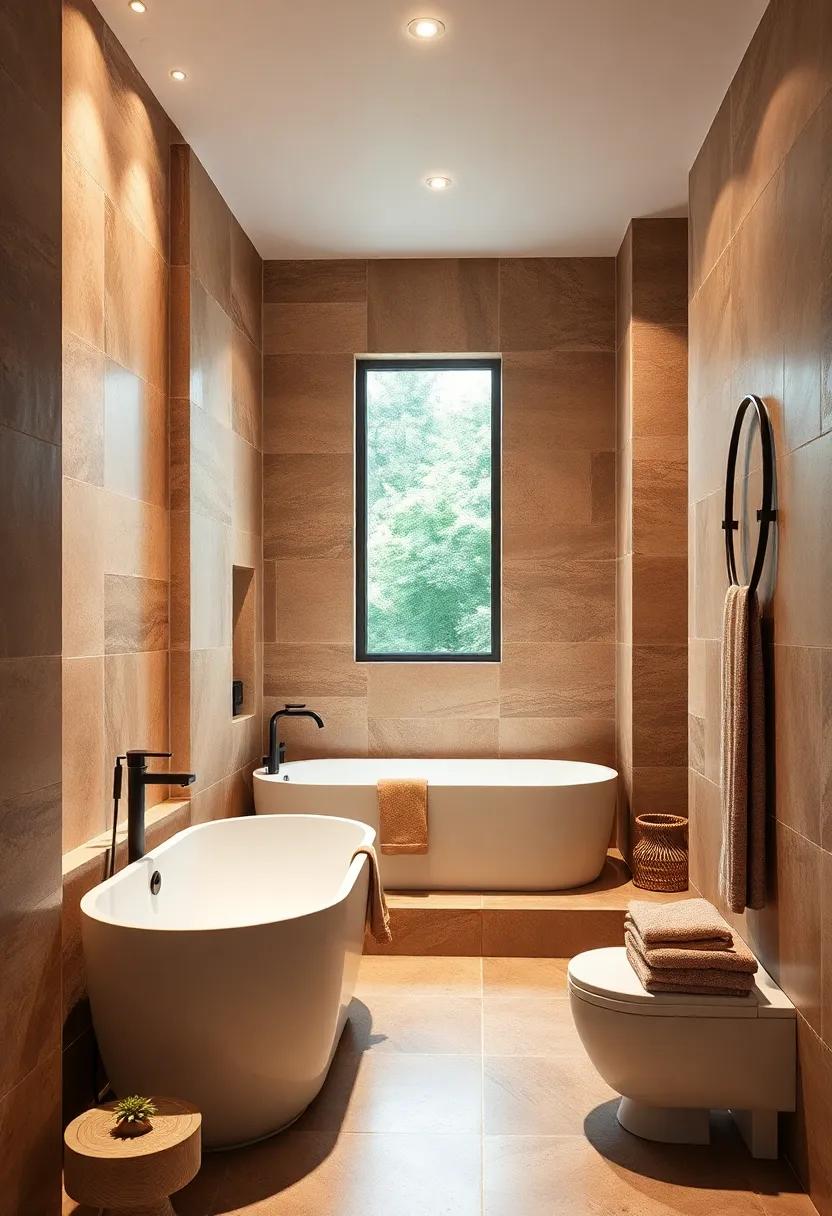 Compact Freestanding Bathtubs Surrounded by Warm-Toned Tiles for a Relaxing Retreat