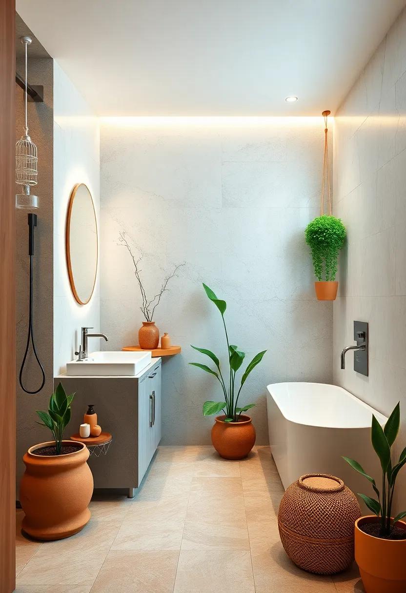 Integrated Greenery with Warm-Toned Pots Adding Life and Warmth to Compact Bathroom Spaces