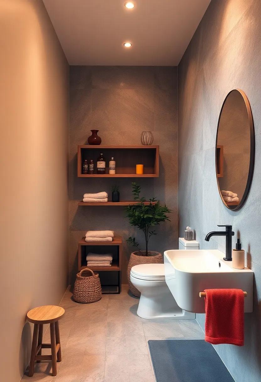 Rustic Wooden Shelving Units Blending Seamlessly with Warm Colors for Intimate Bathroom Corners