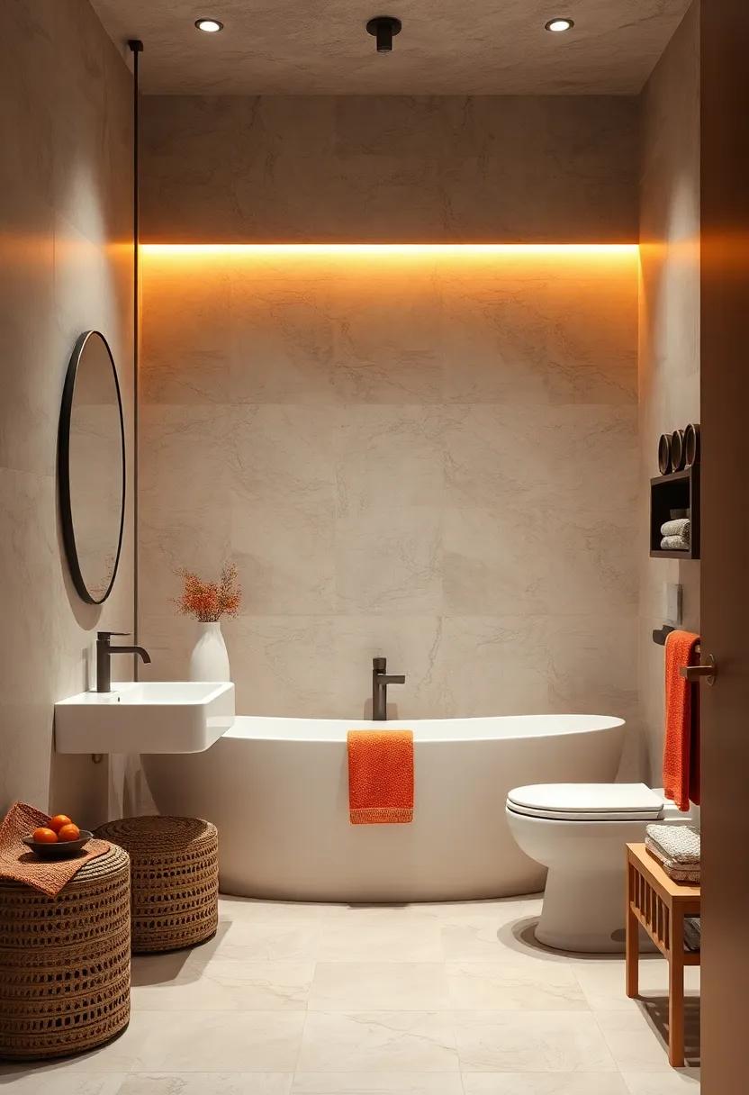 Soft Ambient Lighting That Enhances the Cozy Atmosphere in Small Warm-Toned Bathrooms