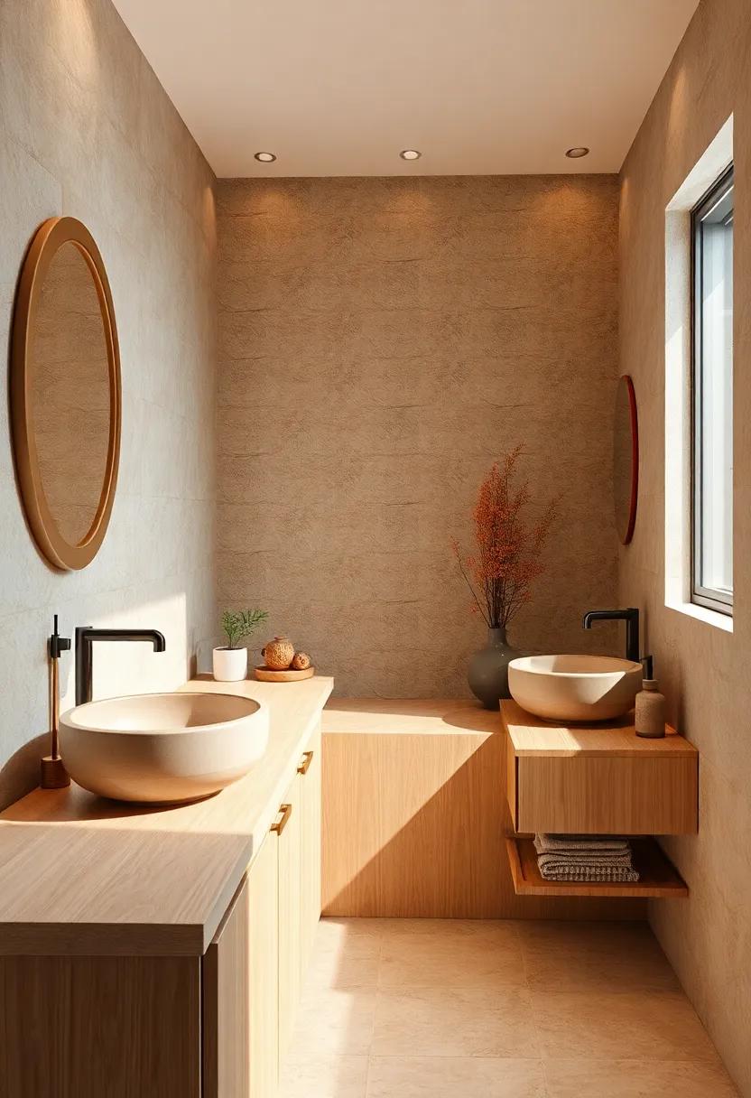 Warm Ceramic Vessel Sinks on Light Wooden Countertops Creating Inviting Bathroom Corners