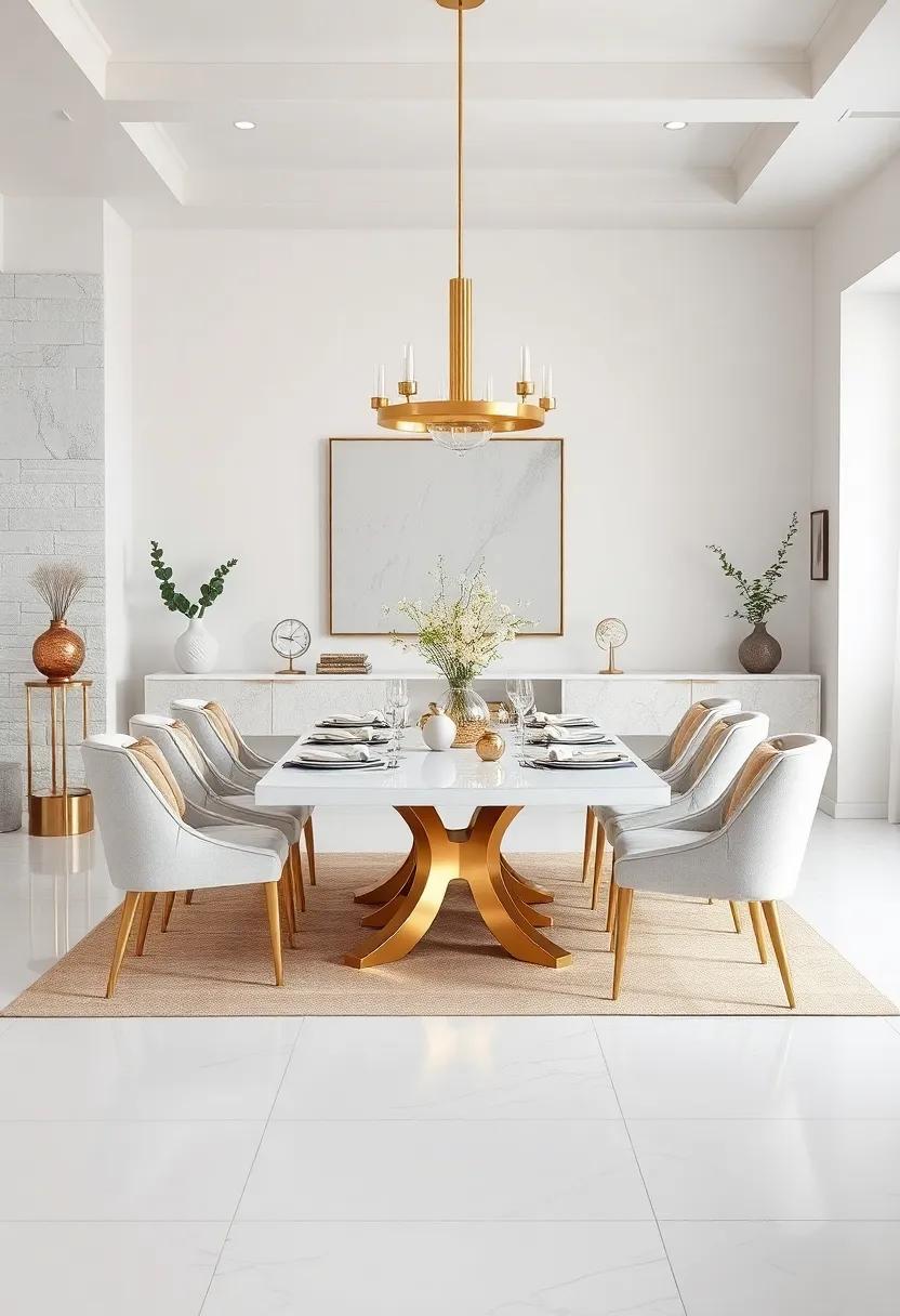 Artful Balance of Metallic Accents Against the Purity of White Dining Furnishings