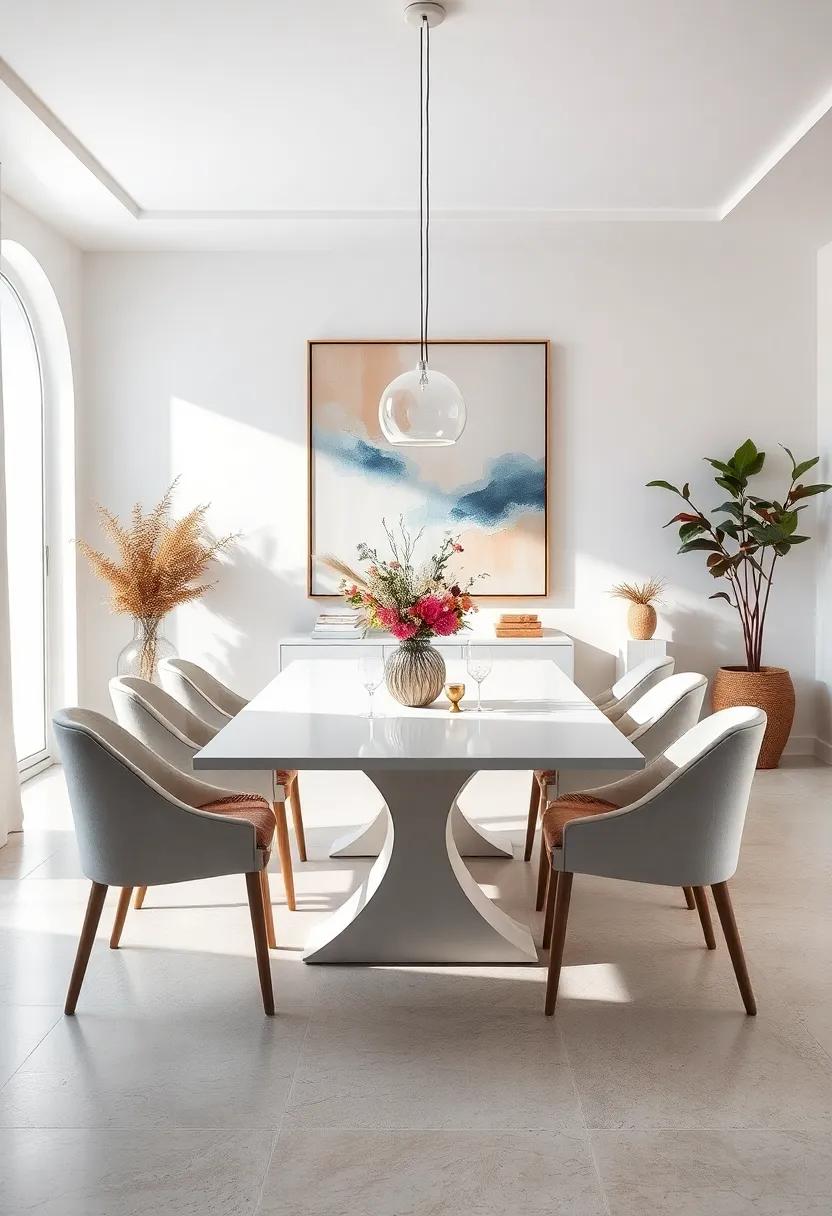 Subtle Hues in Wall Art Mirroring the Calm Essence of a White Dining Space