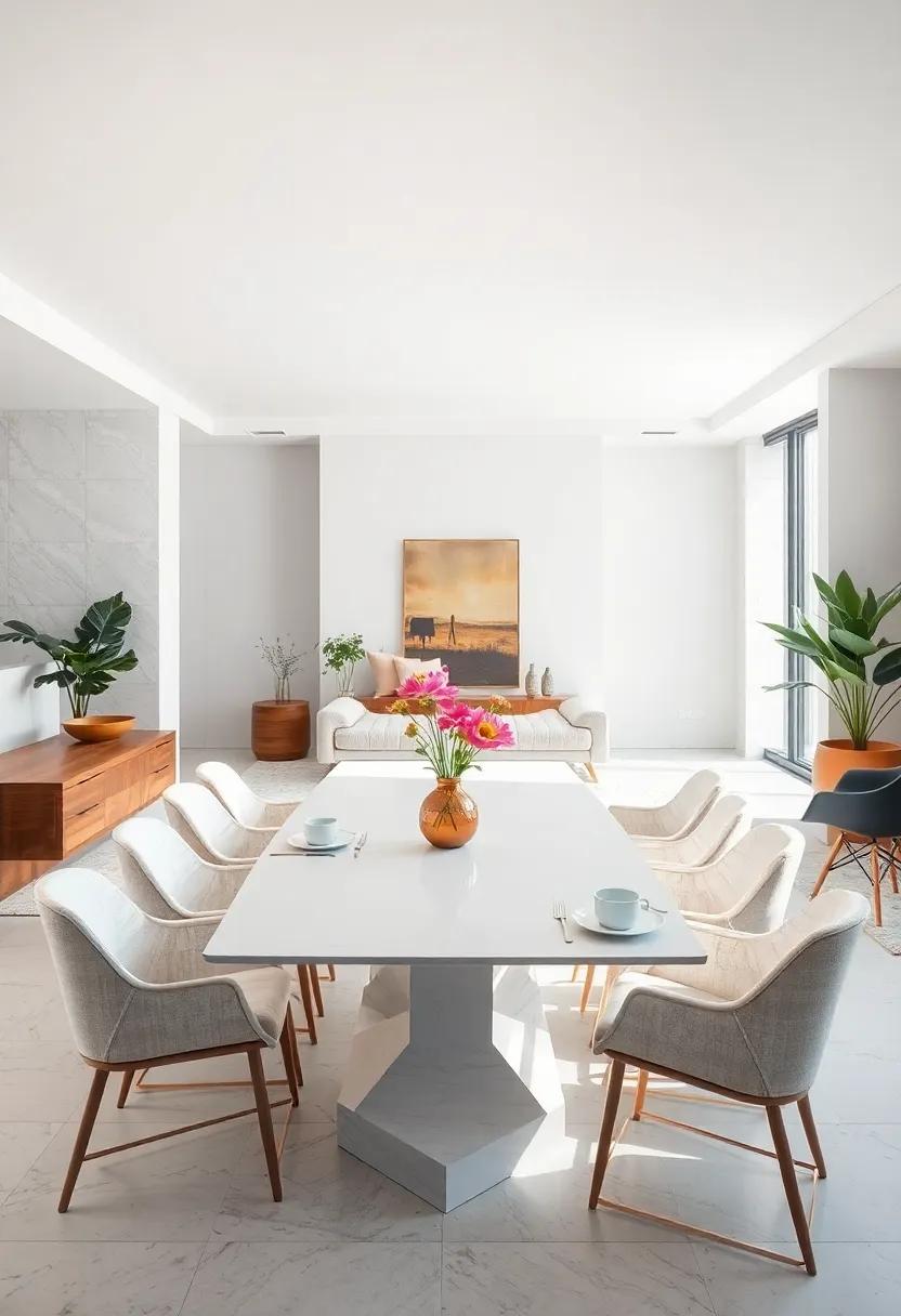 The Use of Geometric Shapes and Clean Lines Framing a White Dining Setting