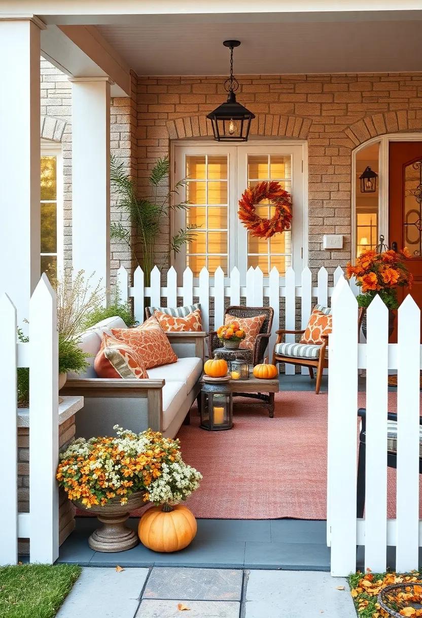 Autumn Front Yard Display with a White Picket Fence and Seasonal Pumpkins and Lanterns