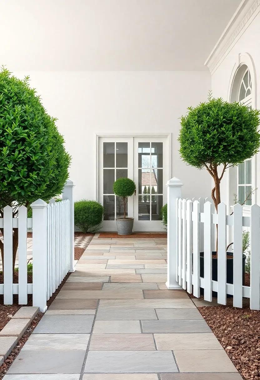 Modern Minimalist Front Yard Showcasing a Simple White Picket Fence and Monochrome Plant Palette