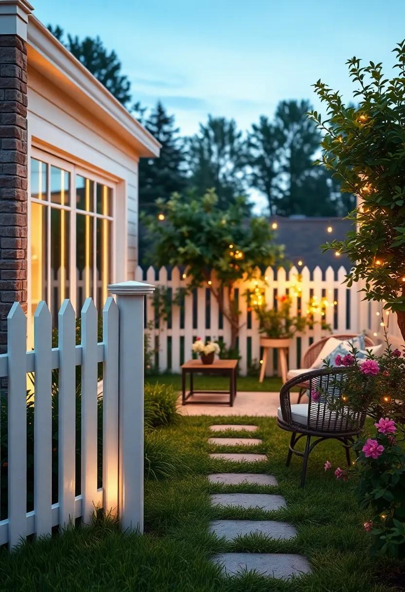 Romantic White Picket Fence Enclosed Garden with Twinkling Fairy Lights at Twilight