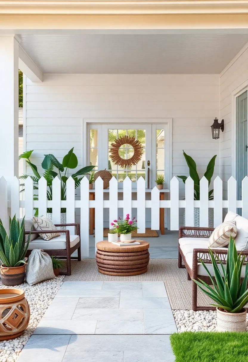 Coastal Inspired Front Yard with a White Picket Fence, Driftwood Accents, and Beachy Plants