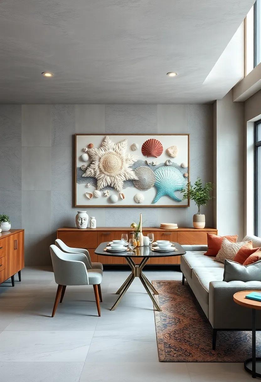 Coastal-Themed Wall Art with Seashells and Ocean Hues to Evoke Relaxed Beachside Meals