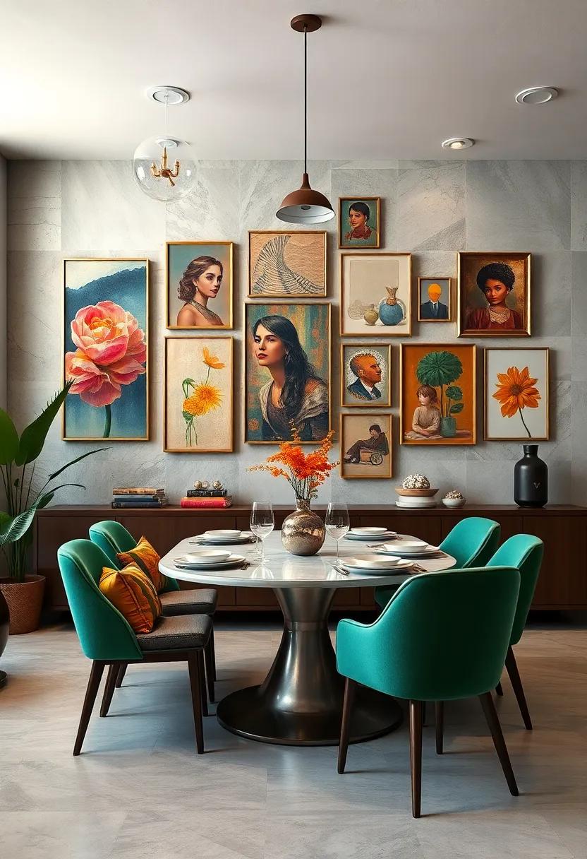 Eclectic Wall Collages Mixing Various Art Styles for a Unique and Personal Dining Experience