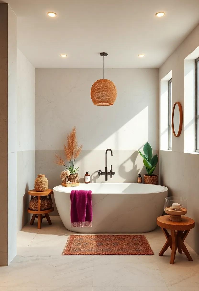Cozy Boho Bathroom Retreat Highlighting An Oval Marble Tub With Colorful Moroccan Tiles