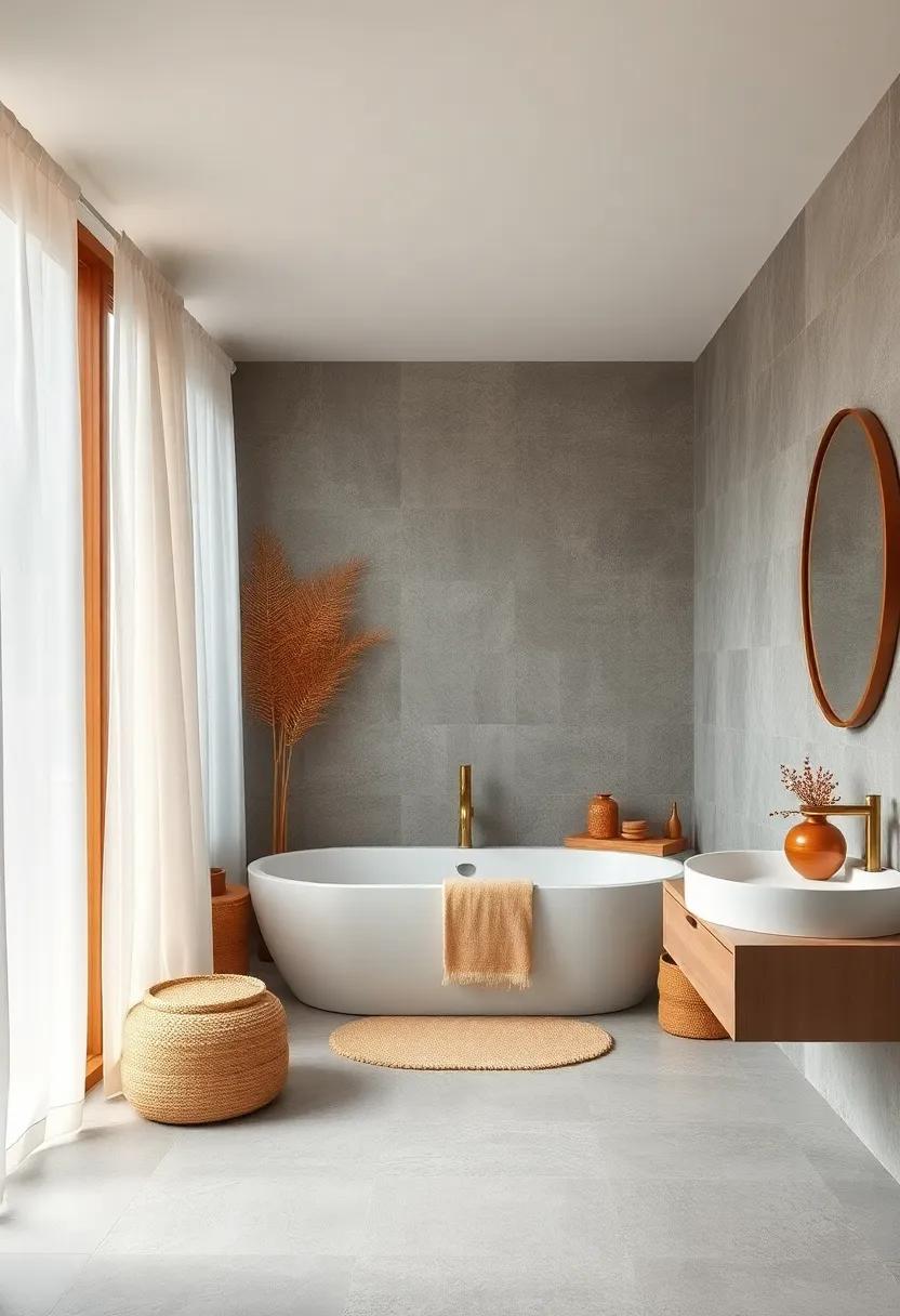 Minimalist Boho Bathroom Design With A Tub Nestled Among Bamboo Elements And Soft Linen Curtains