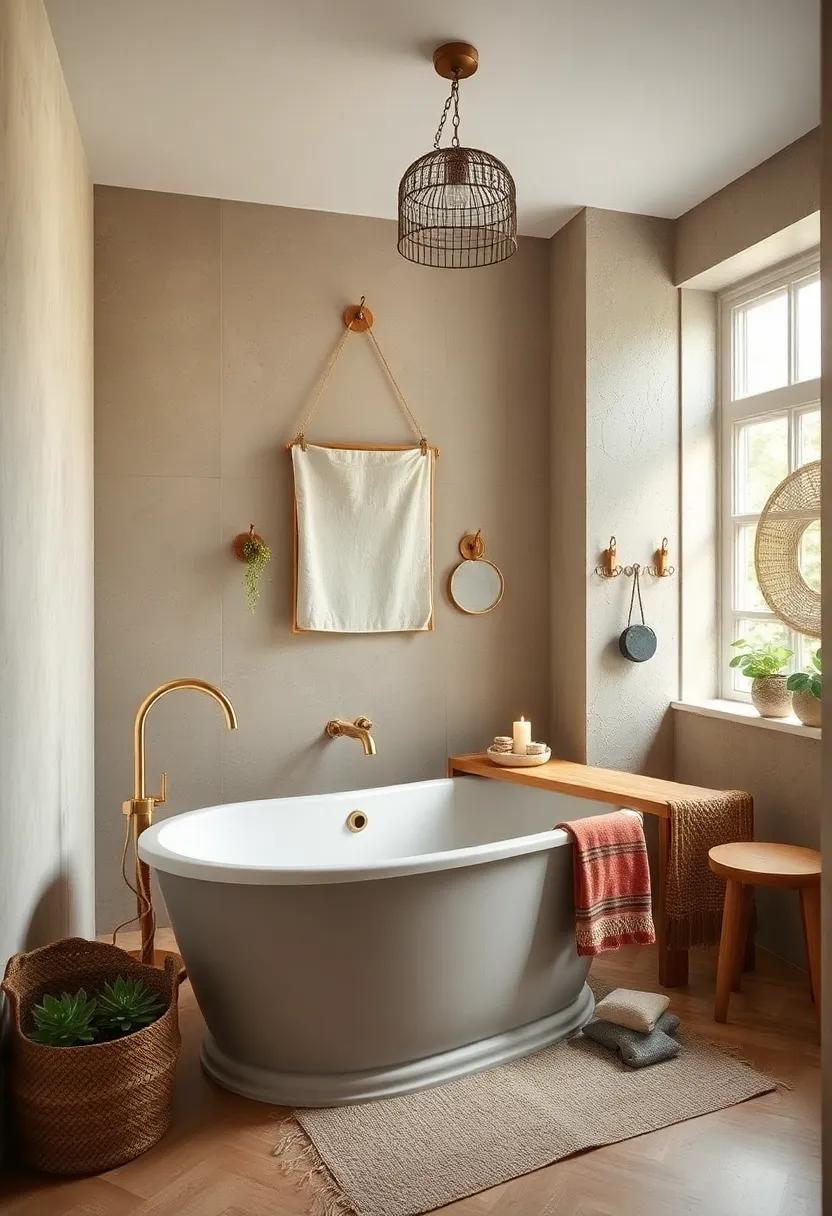 Serene Boho Bathroom With A Freestanding Vintage Tub Surrounded By Natural Textures And Earthy Tones