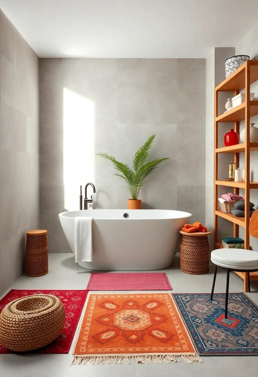 Soft Light Boho Bathroom With An Art Deco Style Tub Framed By Geometric Rugs And Natural Wood Shelving
