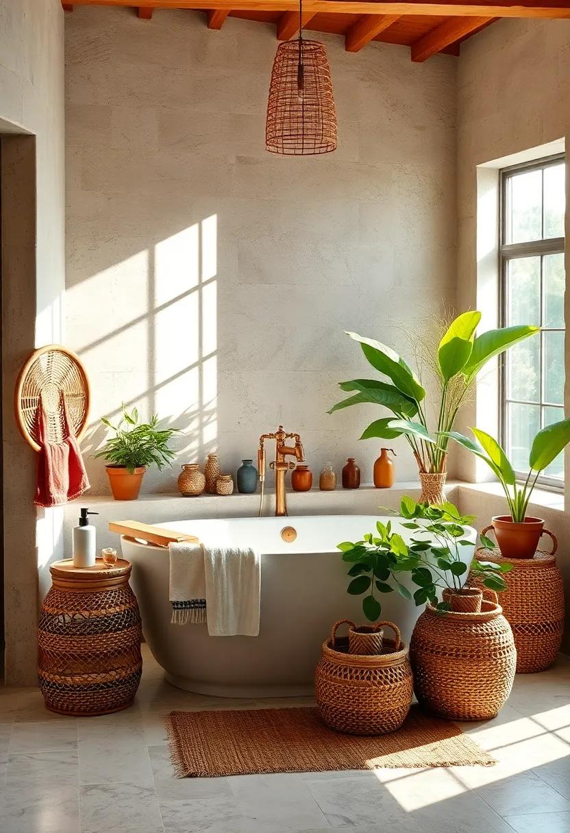 Sun-Drenched Boho Bathroom Featuring A Tub With Woven Rattan Accessories And Lush Greenery