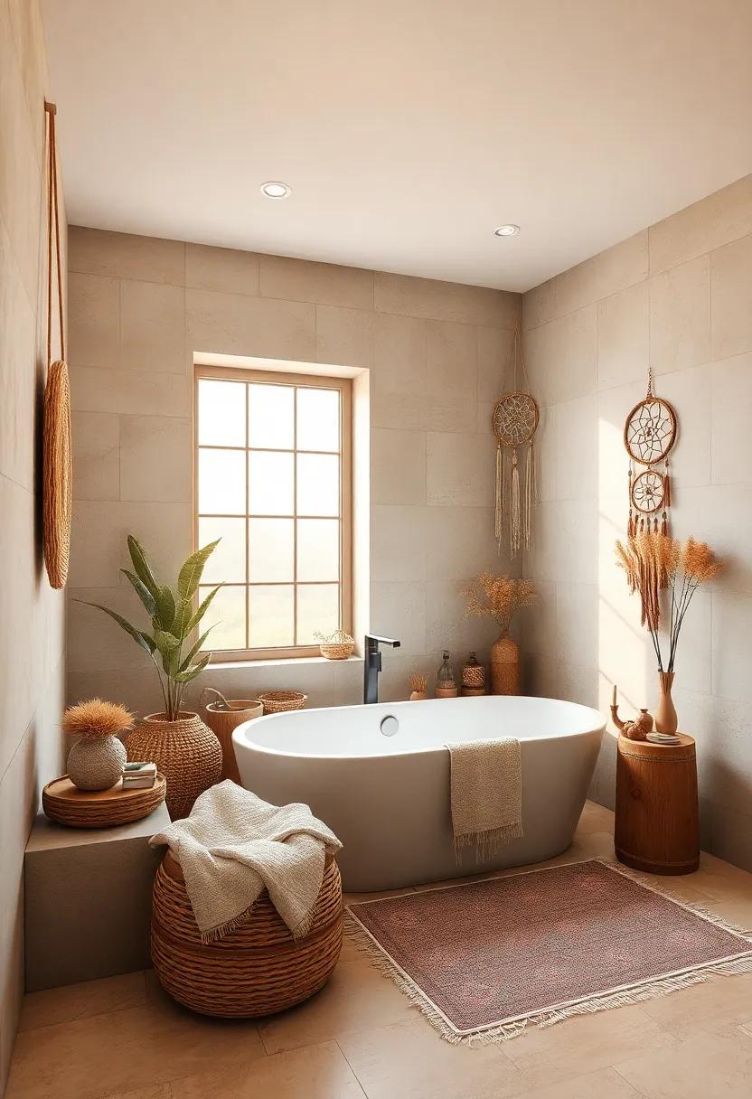 Sunset-Inspired Boho Bathroom Displaying A Tub Near A Large Window With Dreamcatchers And Dried Flowers