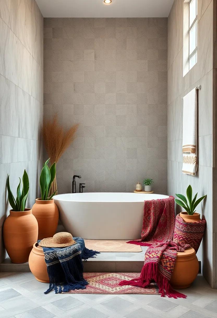Tranquil Boho Bathroom Scene With A Tub Framed By Handmade Clay Planters And Patterned Throws